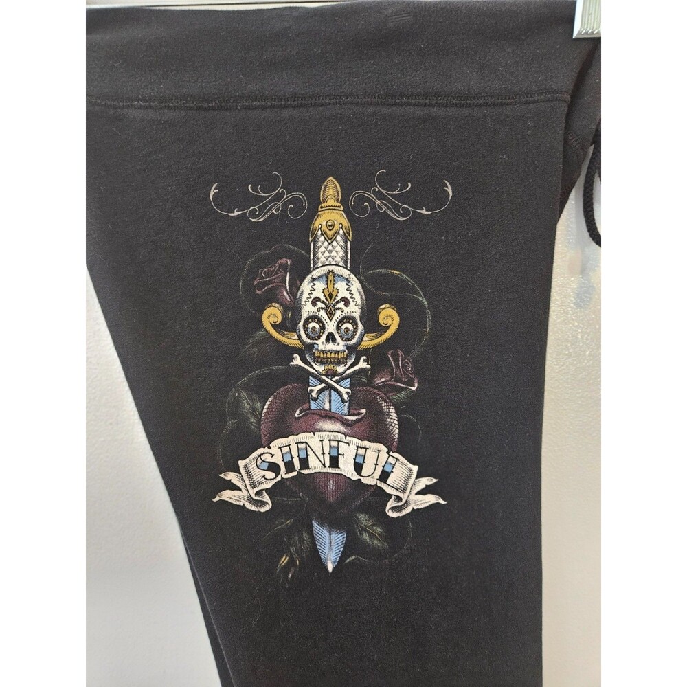 SINFUL by Affliction Women's Sweatpants XS Skull Graphic Gold Foil Y2K USA